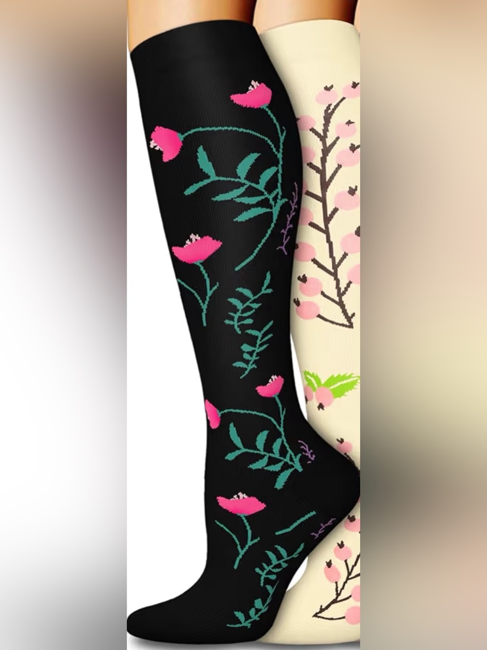 Floral Pattern Knee-High Compression Socks - Black